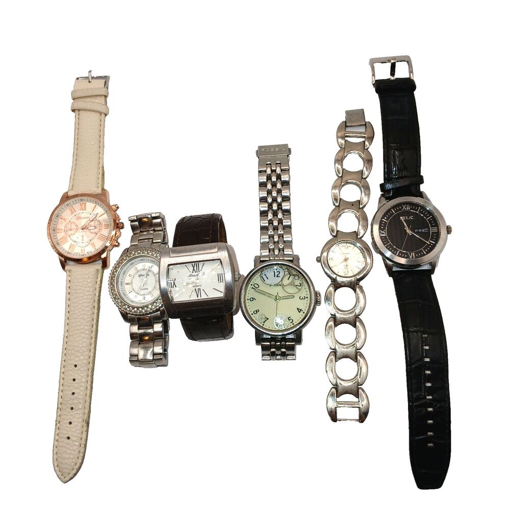 Lot of 6 Mens & Womens Watches Fossil Relic Geneva Eddie Bauer NY & Co Untested